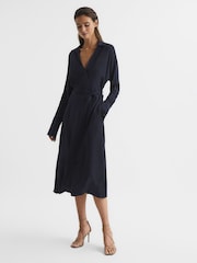 Reiss Navy Cecily Wrap Shirt Midi Dress - Image 1 of 7