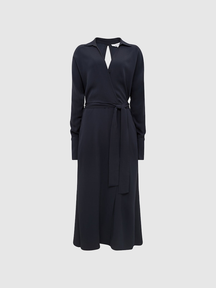 Reiss Navy Cecily Wrap Shirt Midi Dress - Image 2 of 7