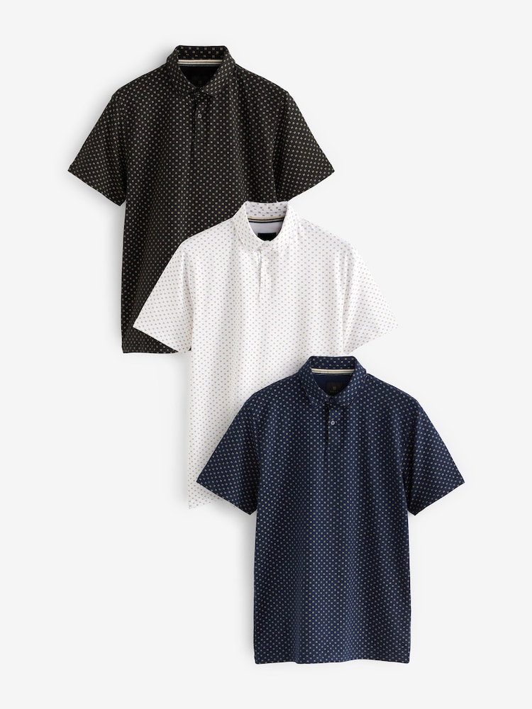 Imprimé géométriques Bleu Blanc/Noir/marine - Lot de 3 polos en jersey - Image 4 of 10