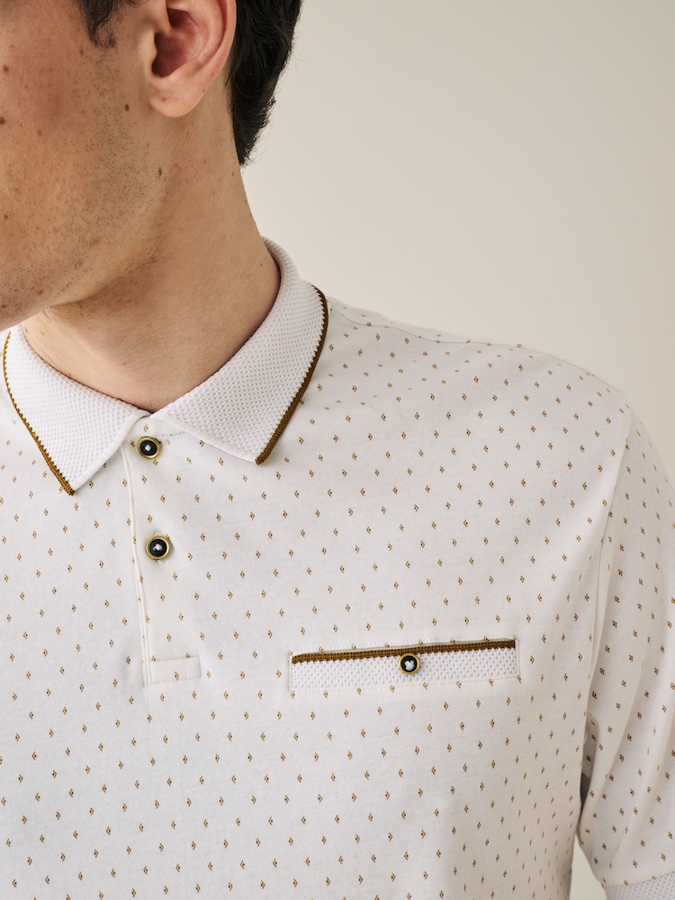 White/Gold Short Sleeve Print Polo Shirt - Image 1 of 6