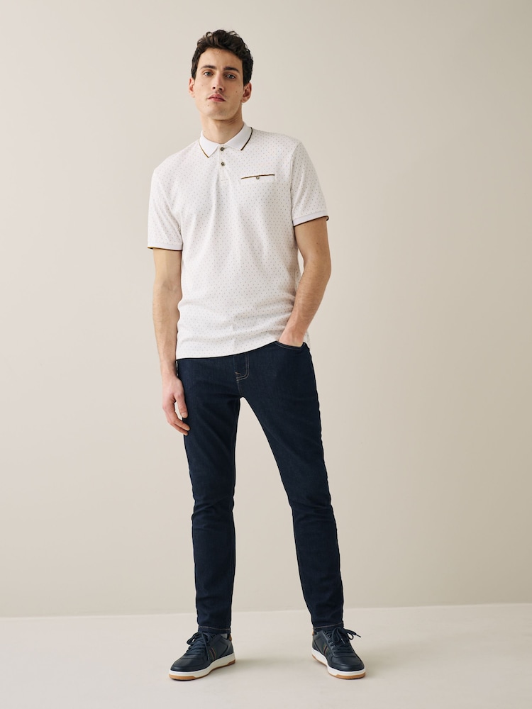 White/Gold Short Sleeve Print Polo Shirt - Image 2 of 6