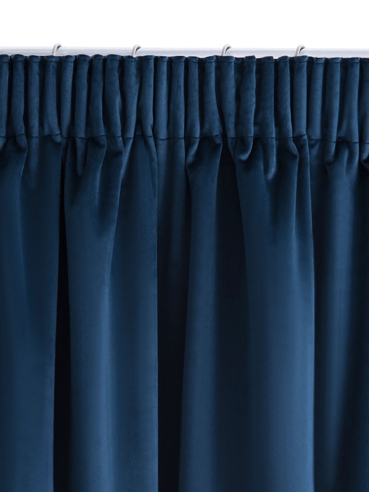 Navy Blue Matte Velvet Pencil Pleat Blackout/Thermal Curtains - Image 4 of 7
