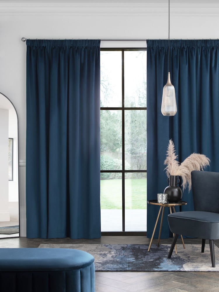 Navy Blue Matte Velvet Pencil Pleat Blackout/Thermal Curtains - Image 5 of 7