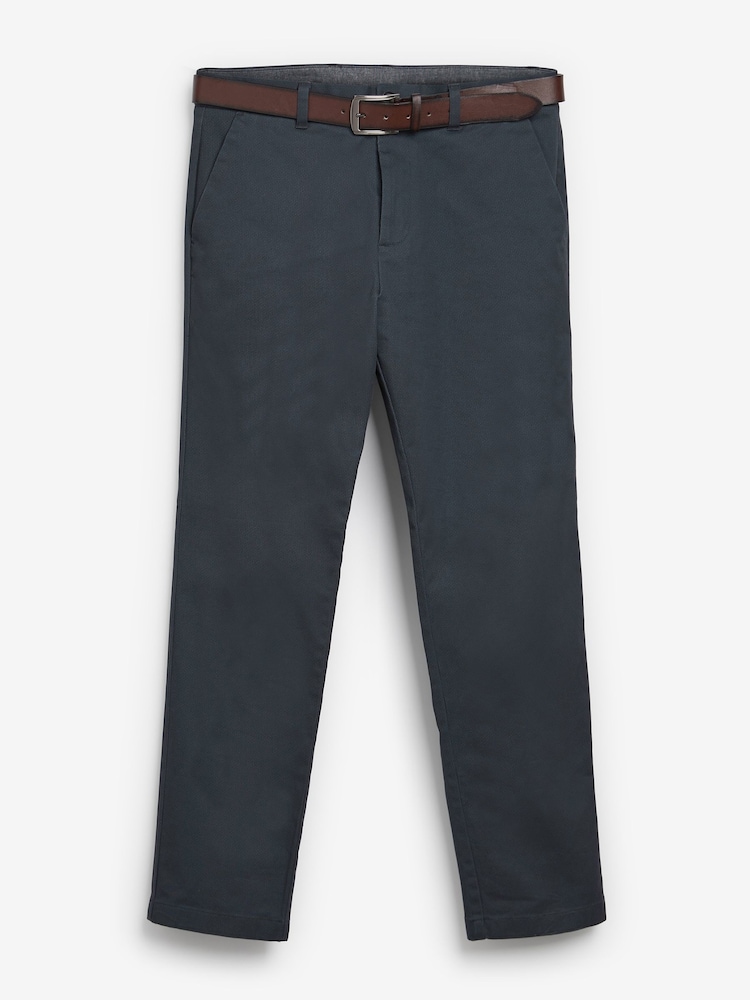 Navy Blue Straight Fit Printed Belted Soft Touch Chino Trousers - Image 3 of 4