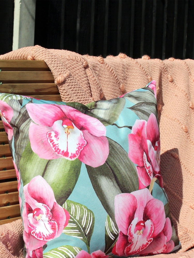 Evans Lichfield Duck Egg Blue Orchids Outdoor Polyester Filled Cushion - Image 1 of 5
