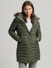 Superdry Green Faux Fur Hooded Mid Length Puffer Jacket - Image 1 of 6