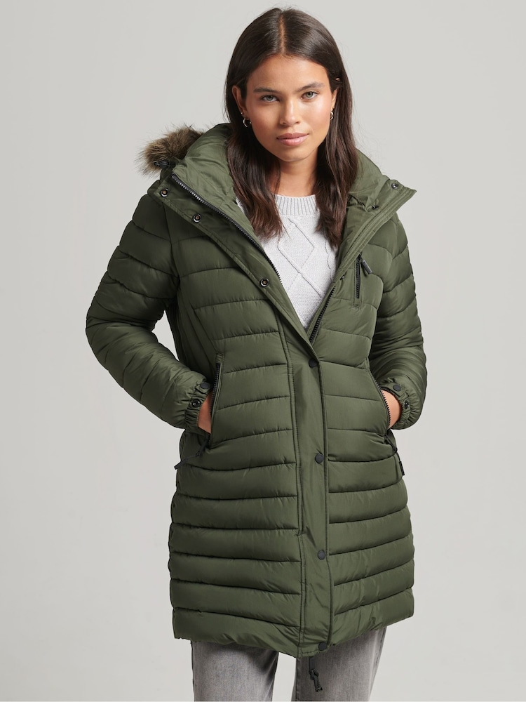Superdry Green Faux Fur Hooded Mid Length Puffer Jacket - Image 1 of 6