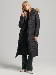 Superdry Black Faux Fur Hooded Longline Puffer Coat - Image 1 of 3