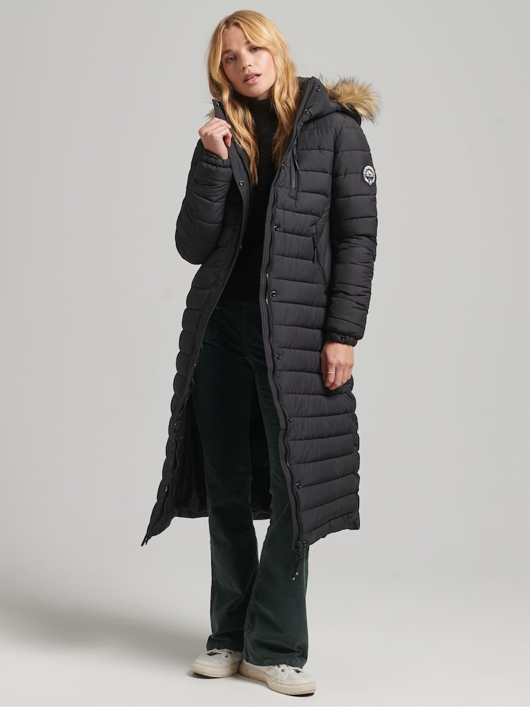 Superdry Black Faux Fur Hooded Longline Puffer Coat - Image 1 of 3