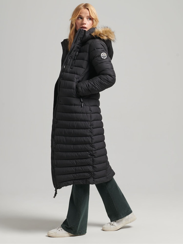 Superdry Black Faux Fur Hooded Longline Puffer Coat - Image 2 of 3