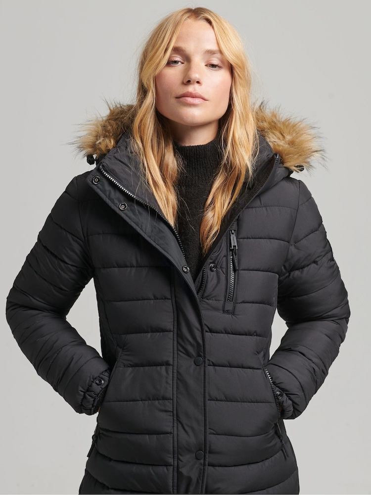 Superdry Black Faux Fur Hooded Longline Puffer Coat - Image 3 of 3 Superdry Black Faux Fur Hooded Longline Puffer Coat - Image 3 of 3