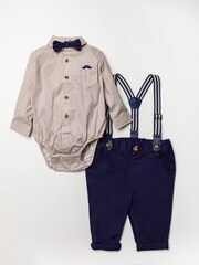 Little Gent Blue Shirt Bodysuit, Bowtie, Trouser And Braces 3 Piece Baby Set - Image 1 of 5