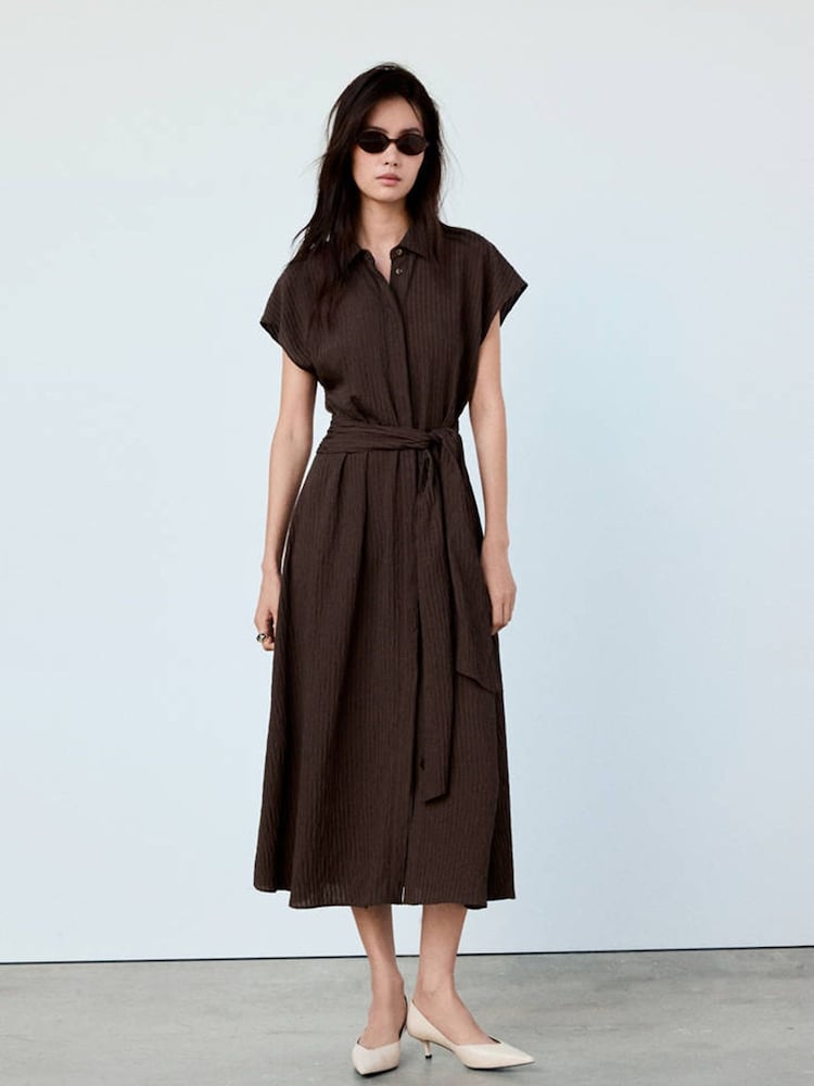 Mango Brown Tie Waist Midi Shirt Dress - Image 1 of 7