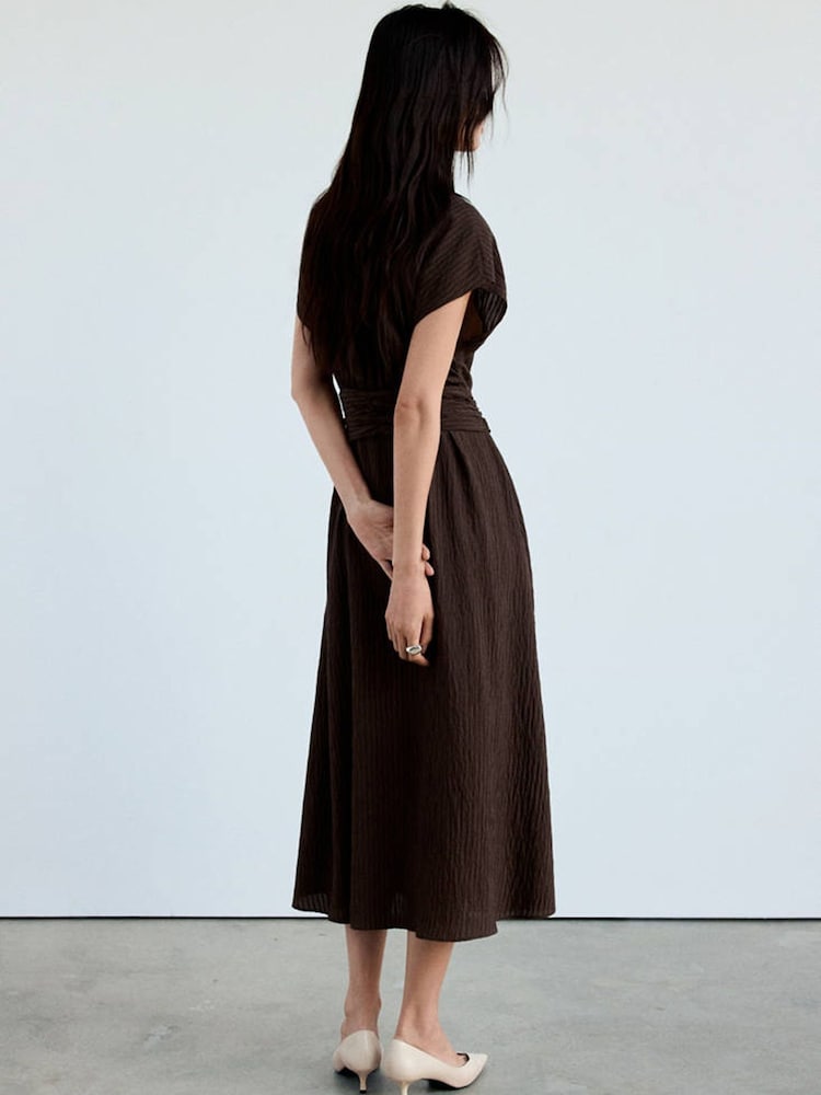 Mango Brown Tie Waist Midi Shirt Dress - Image 2 of 7