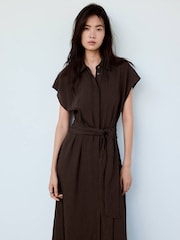 Mango Brown Tie Waist Midi Shirt Dress - Image 3 of 7