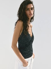 Mango Black Polka Dot Lace Trim Halter Neck Top - Image 1 of 7