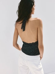 Mango Black Polka Dot Lace Trim Halter Neck Top - Image 3 of 7