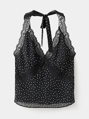 Mango Black Polka Dot Lace Trim Halter Neck Top - Image 5 of 7