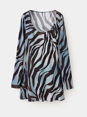 Mango Blue Sheer Printed Mini Dress - Image 5 of 7