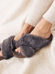 Grey Recycled Faux Fur Cork Crossover Slippers - Image 2 of 7
