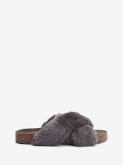 Grey Recycled Faux Fur Cork Crossover Slippers - Image 4 of 7