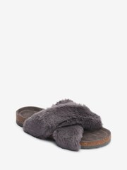 Grey Recycled Faux Fur Cork Crossover Slippers - Image 5 of 7