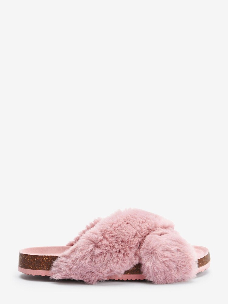 Rose Pink Recycled Faux Fur Cork Crossover Slippers - Image 2 of 5
