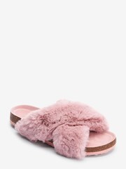Rose Pink Recycled Faux Fur Cork Crossover Slippers - Image 3 of 5