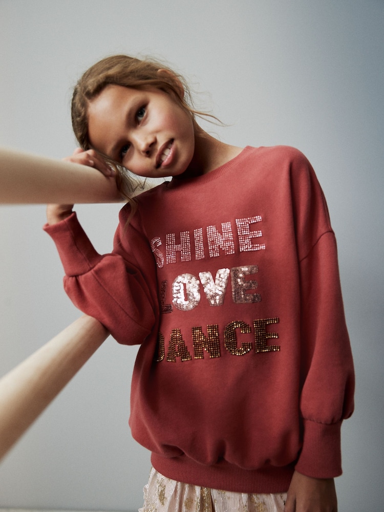 Rostbraun/Pailletten/Verziert - Sweatshirt mit Pailletten und Rundhalsausschnitt (3–16 J.) - Bild 1 von 5