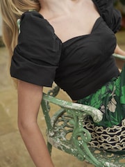 Another Sunday Puff Sleeve 100% Cotton Corset Crop Top In Black - Image 3 of 5