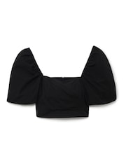Another Sunday Puff Sleeve 100% Cotton Corset Crop Top In Black - Image 4 of 5
