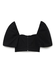 Another Sunday Puff Sleeve 100% Cotton Corset Crop Top In Black - Image 5 of 5