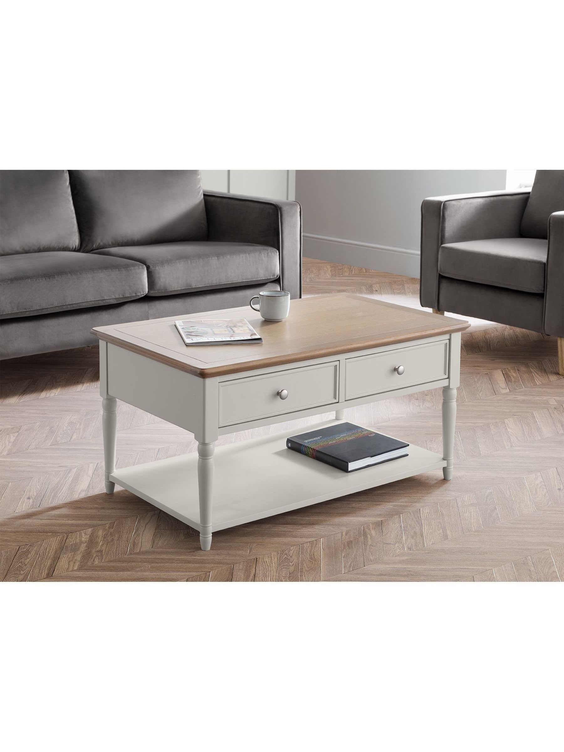 Julian Bowen Provence Coffee Table, 2 Drawer, Oak/Grey - H50 x W100 x D60cm | Centre Table for Living Room, - Image 7