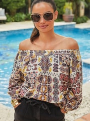 Black/White Geo Print Half Sleeve Textured Top - Image 1 of 7