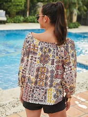 Black/White Geo Print Half Sleeve Textured Top - Image 2 of 7