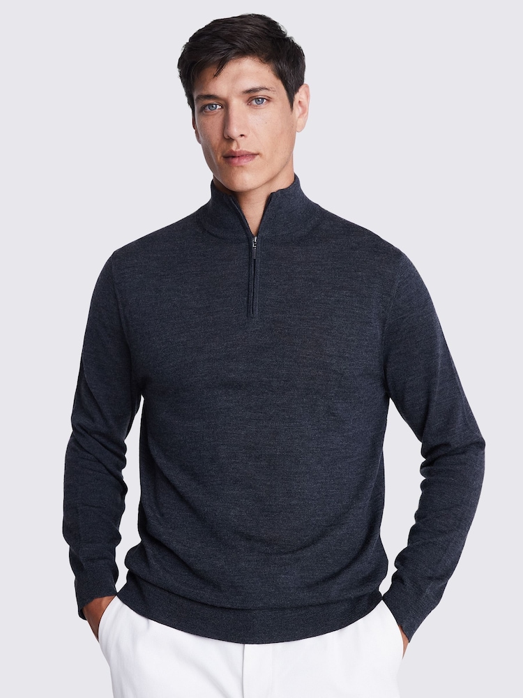 MOSS Dark Grey Merino Blend Quarter Zip Jumper - Image 1 of 6