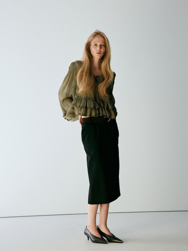 Mango Green Long Sleeve Ruffle Detail Blouse - Image 1 of 7