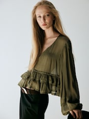 Mango Green Long Sleeve Ruffle Detail Blouse - Image 2 of 7