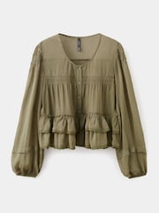 Mango Green Long Sleeve Ruffle Detail Blouse - Image 5 of 7
