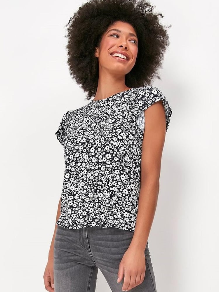 M&Co Navy Blue Ditsy Floral Flutter Sleeve Top - Image 1 of 4