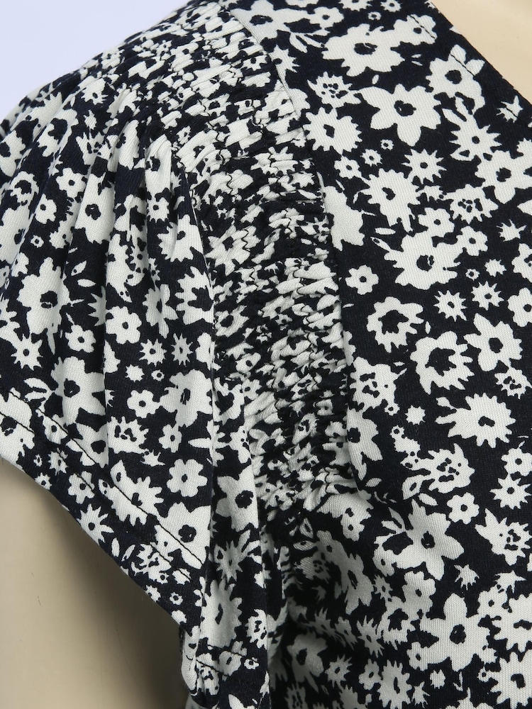 M&Co Navy Blue Ditsy Floral Flutter Sleeve Top - Image 4 of 4