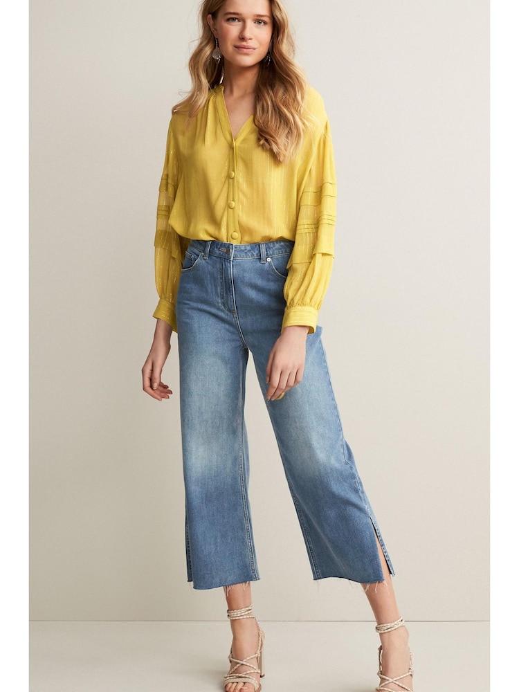 Mid Blue Soft Split Hem Cropped Wide Leg Jeans - Image 1 of 2 Mid Blue Soft Split Hem Cropped Wide Leg Jeans - Image 1 of 2