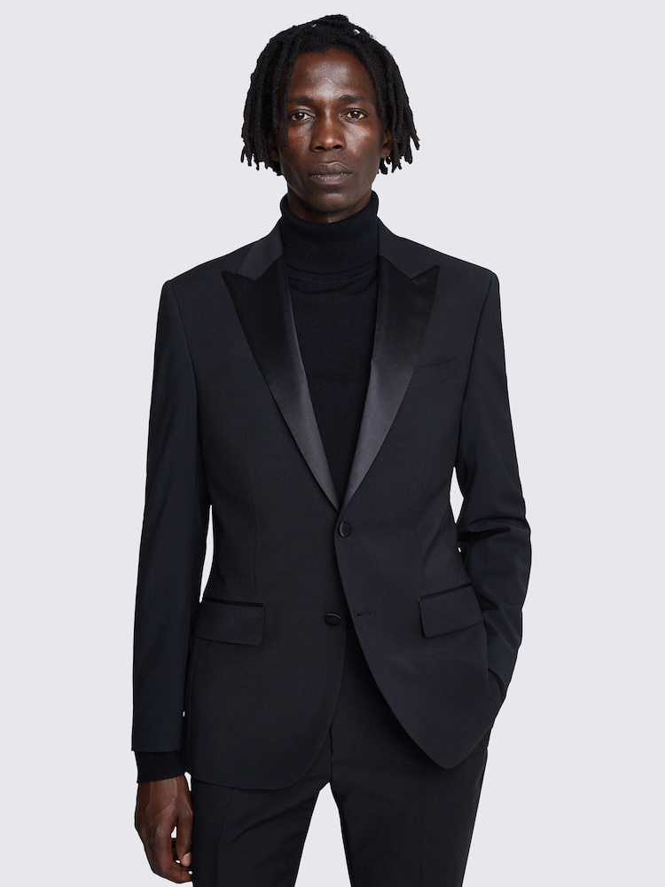 MOSS Black Tailored Fit Performance Peak Tuxedo Suit Jacket - Image 1 of 6