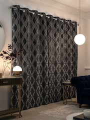 Charcoal Grey Collection Luxe Heavyweight Geometric Cut Velvet Lined Eyelet Curtains - Image 3 of 5