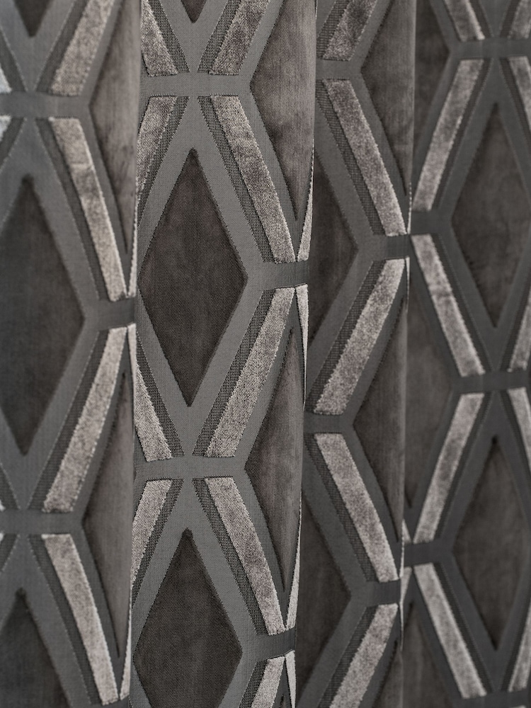 Charcoal Grey Collection Luxe Heavyweight Geometric Cut Velvet Lined Eyelet Curtains - Image 5 of 5