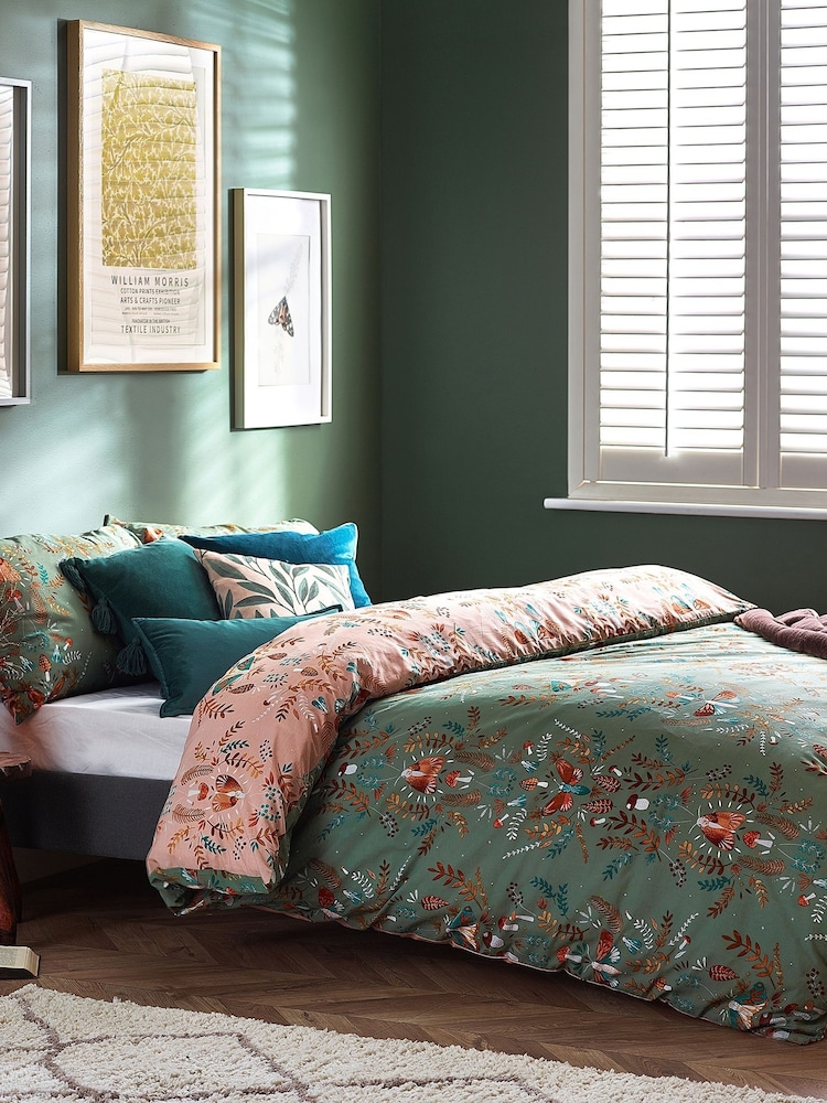 furn. Fern Green Lunawood Printed Nature Reversible Duvet Cover and Pillowcase Set - Image 2 of 4