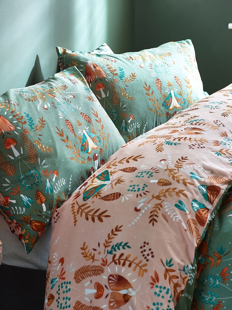 furn. Fern Green Lunawood Printed Nature Reversible Duvet Cover and Pillowcase Set - Image 4 of 4