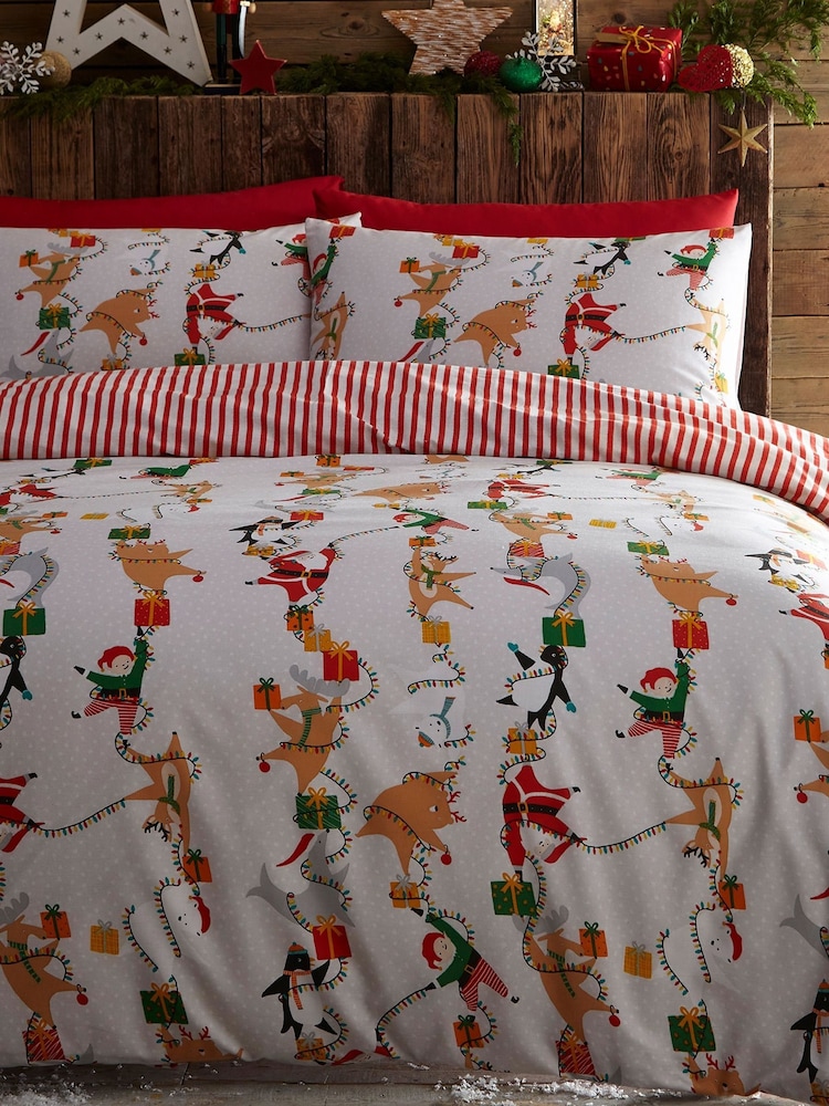 furn. White Santa's Workshop Reversible Christmas Duvet Cover and Pillowcase Set - Image 1 of 3