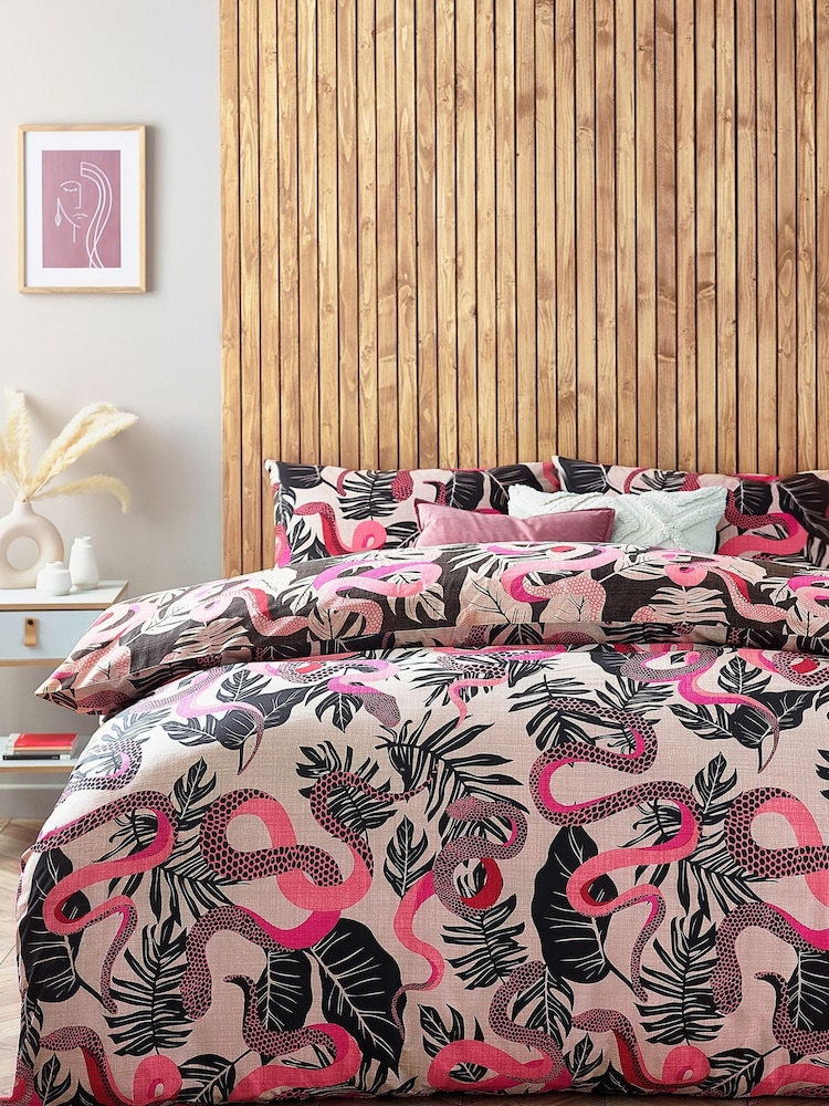 furn. Ruby Pink Serpentine Tropical Reversible Duvet Cover and Pillowcase Set - Image 1 of 3