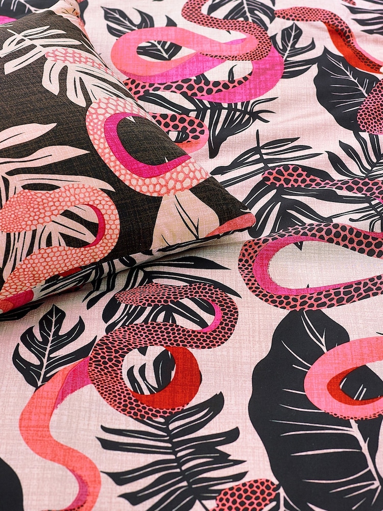 furn. Ruby Pink Serpentine Tropical Reversible Duvet Cover and Pillowcase Set - Image 3 of 3